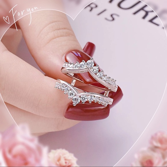 💖 Double tiara crown wedding bands Cage Cluster Enhancer Guard bridal Ring - Picture 5 of 5